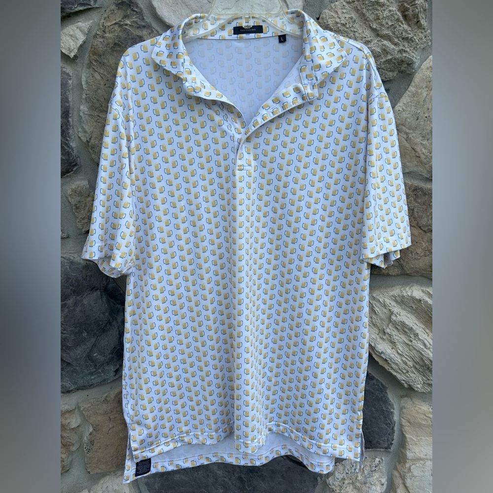 Turtleson Golf Polo Mens Sz L Performance Material Beer Mug Graphic Print Preppy